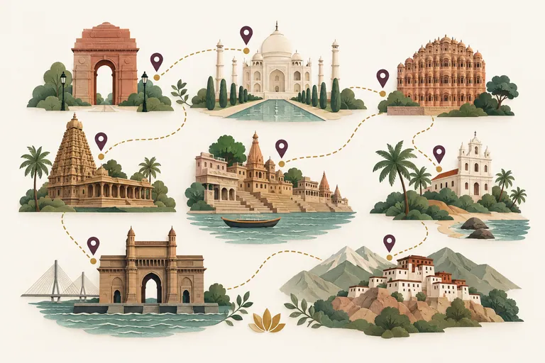 Illustration of regional Indian architecture connected by pathways